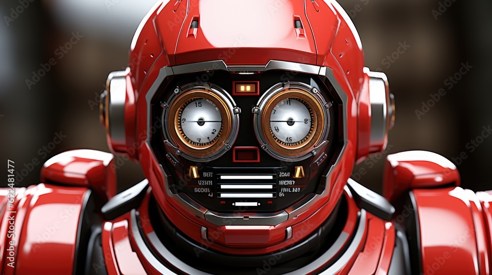 Aufkleber a close up of a red robot with a clock on it's face. generative ai image.