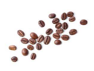 Many roasted coffee beans isolated on white, top view