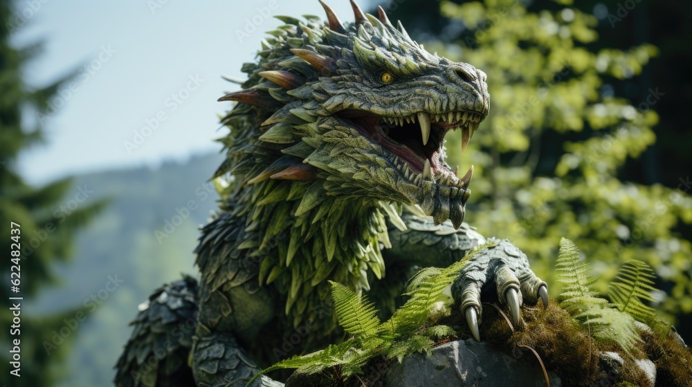 Poster a close up of a statue of a dragon. generative ai image.