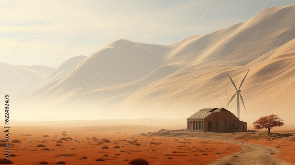 Aufkleber a house in the middle of a desert with mountains in the background. generative ai image.