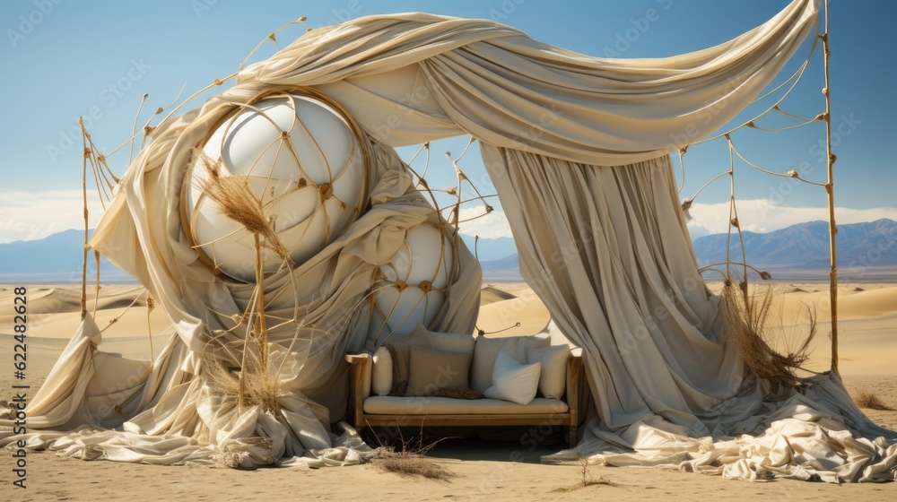 Aufkleber a bed in the middle of a desert with a canopy over it. generative ai image.