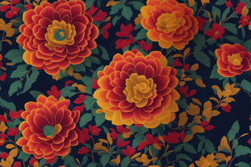 Seamless colorful embroidery flowers floral pattern  created with Generative AI technology