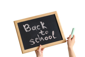 Female hands holding chalk and blackboard with text BACK TO SCHOOL isolated on white background