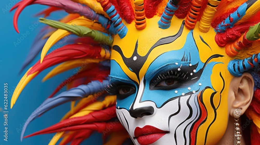 Poster a close up of a person with a colorful face paint. generative ai image.