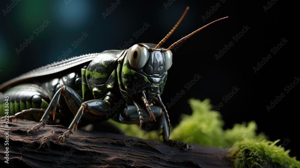 Poster a close up of a grasshopper on a branch. generative ai image.