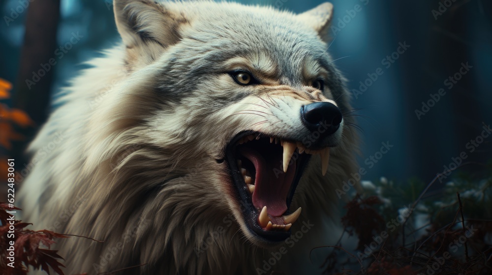 Poster a close up of a wolf with its mouth open. generative ai image.