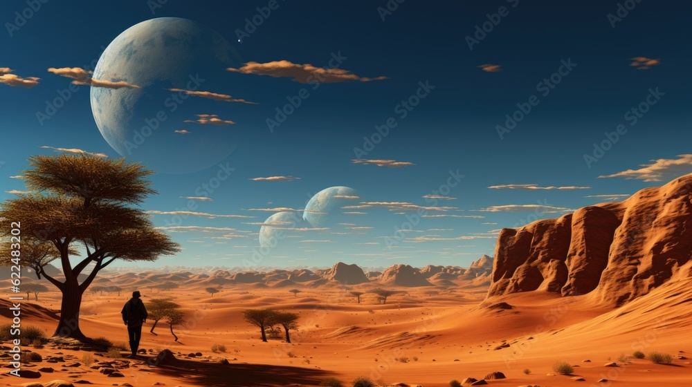 Poster a man standing in the desert looking at a distant planet. generative ai image.