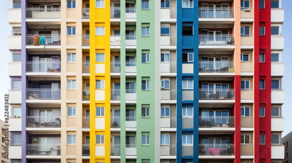 Aufkleber a multicolored building with balconies and balconies. generative ai image.