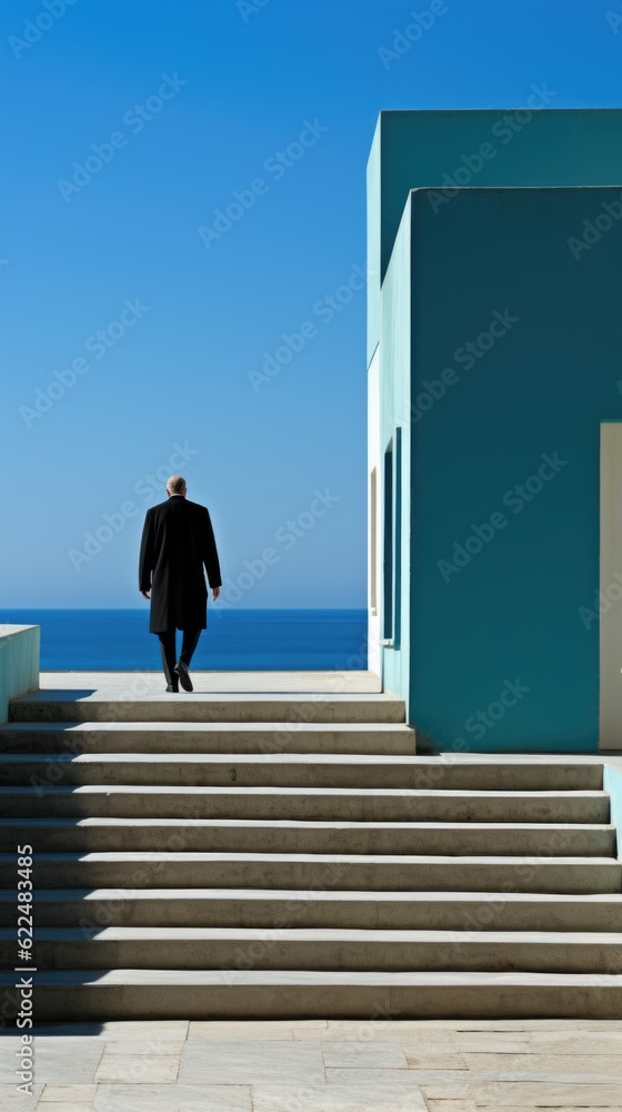 Poster a man walking up the steps of a building. generative ai image.