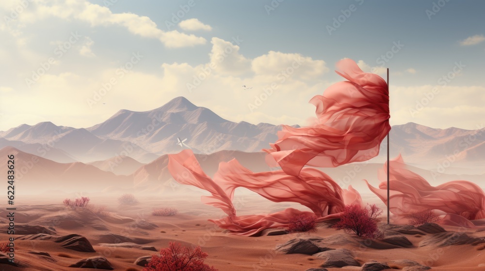 Poster a red flag in a desert with mountains in the background. generative ai image.