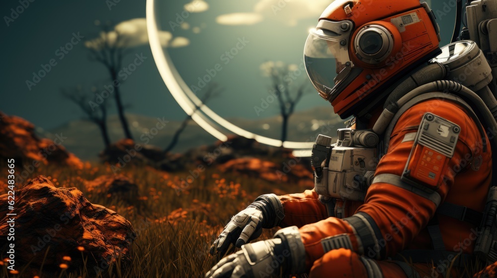 Poster a man in a space suit sitting in a field. generative ai image.