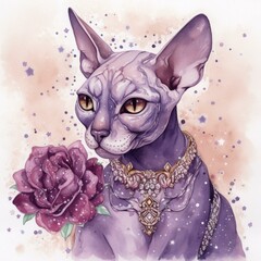 Illustration of a Sphynx cat and a rose