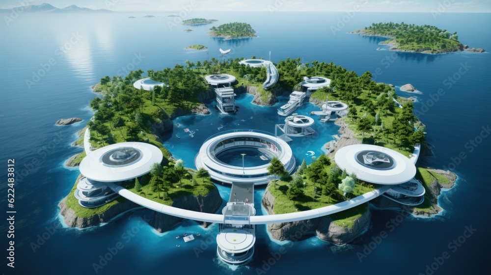 Poster an island with a circular structure surrounded by trees. generative ai image.