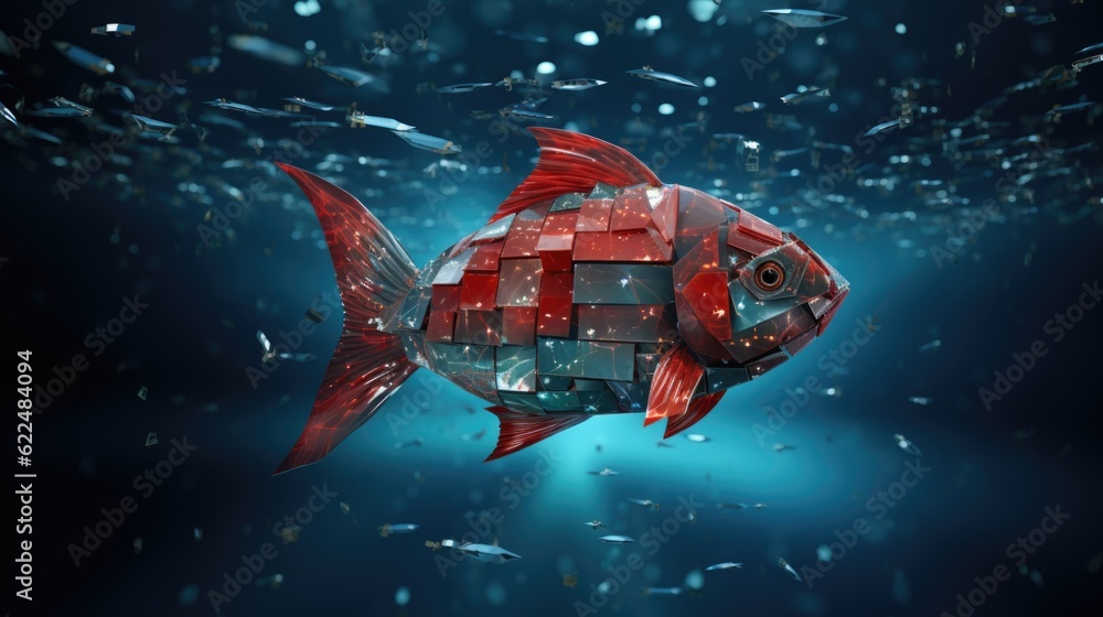 Aufkleber a red mechanical fish that is floating in the water. generative ai image.