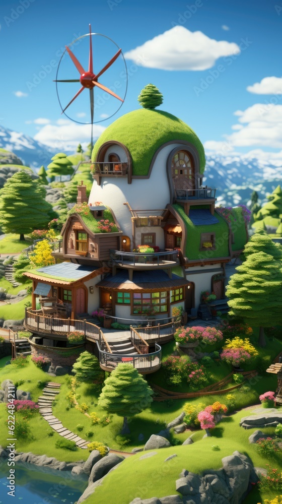 Aufkleber a house on a small island with a windmill on top of it. generative ai image.