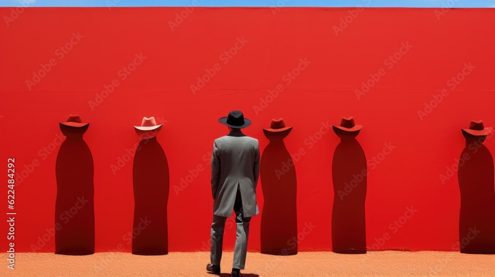Poster a man in a suit and hat standing in front of a red wall. generative ai image.