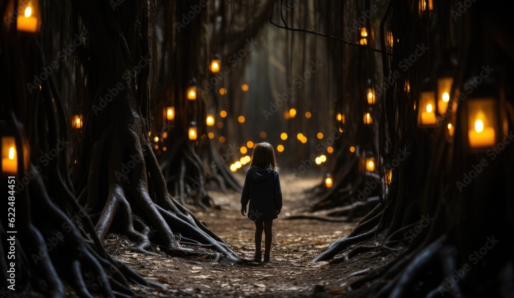 Sticker A little girl standing in the middle of a forest. Generative AI image.