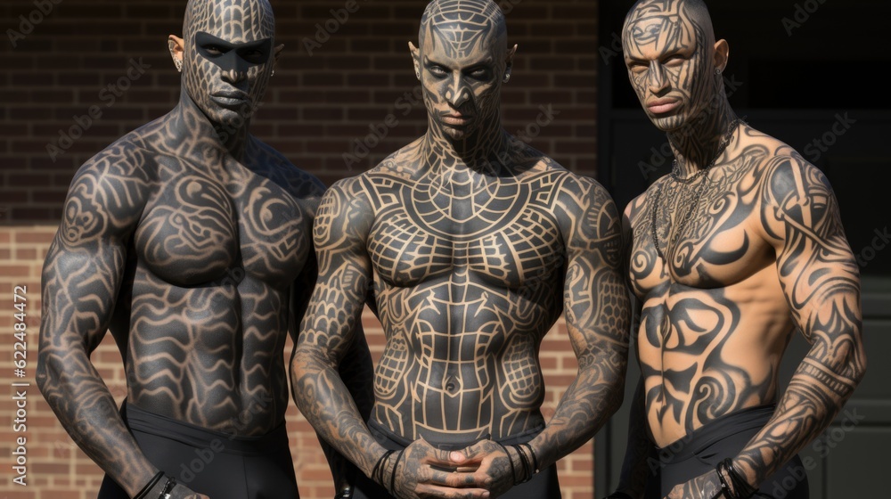 Canvas Prints Three men with tattoos on their body standing next to each other. Generative AI image.