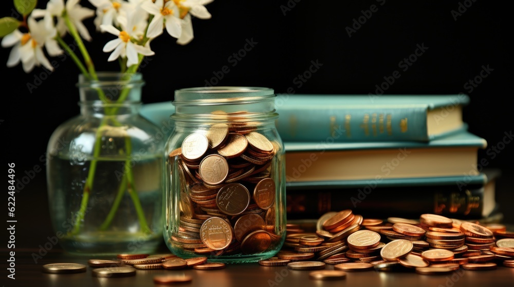 Poster a jar filled with coins next to a stack of books. generative ai image.