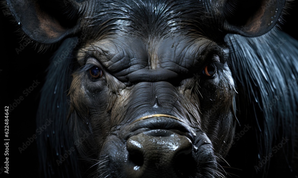 Poster a close up of an hyppo with a black background. generative ai image.