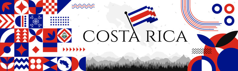 Costa Rica Independence Day abstract banner design with flag and map. Flag color theme geometric pattern retro modern Illustration design. Red and Blue flag color template.