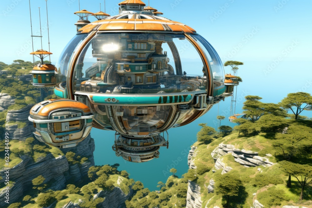 Poster a futuristic floating house in the middle of the ocean. generative ai image.