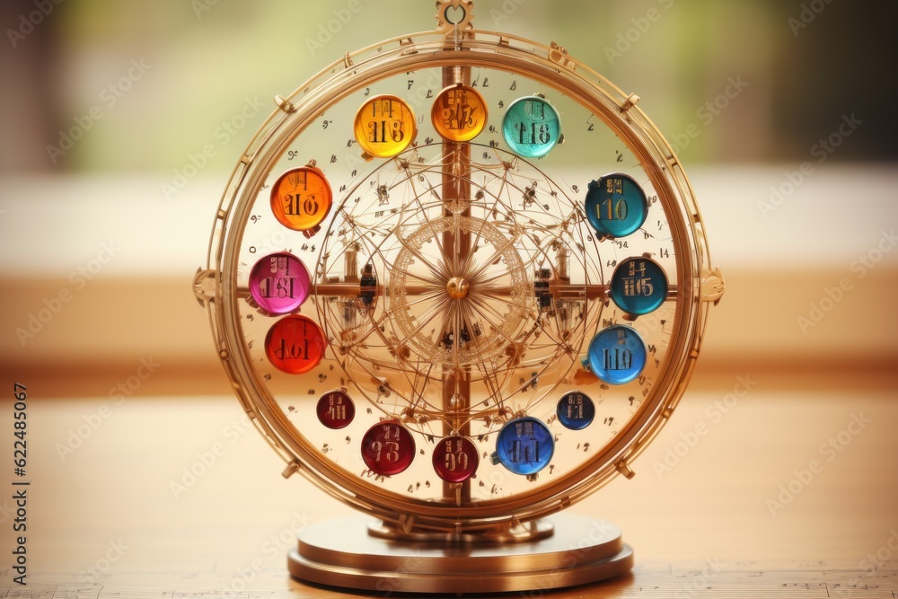 Aufkleber a golden clock with seven different colored numbers on it. generative ai image.