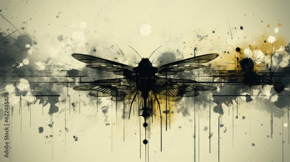 Poster a painting of a dragonfly with paint splatters on it. generative ai image.