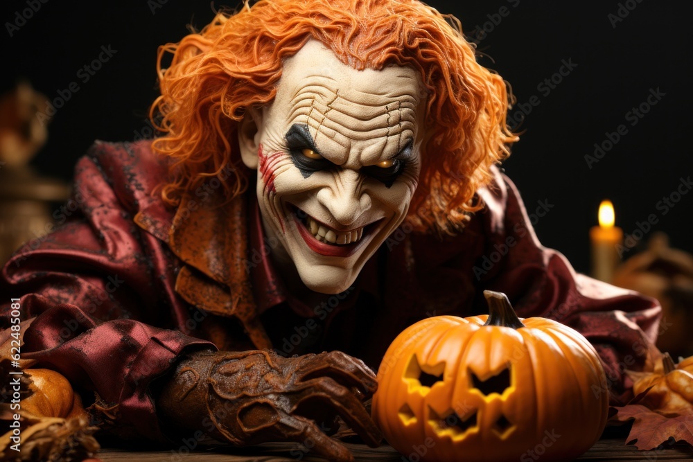 Poster a creepy clown with a pumpkin in front of him. generative ai image.