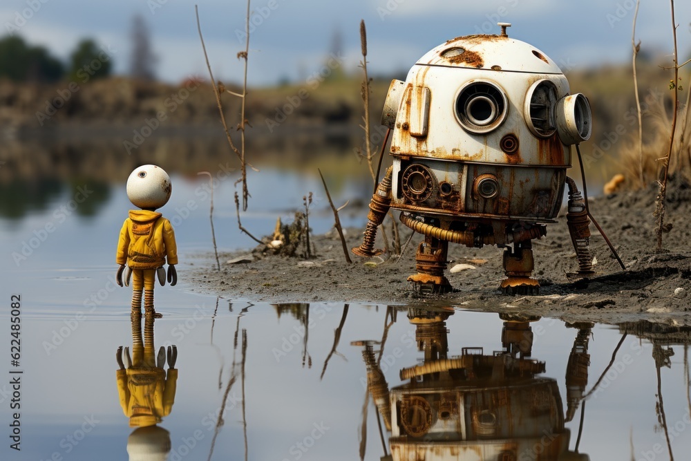 Poster a small robot standing next to a body of water. generative ai image.