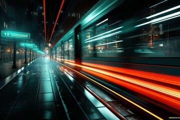 Fototapeta na wymiar A blurry picture of a train on a city street. Generative AI image.