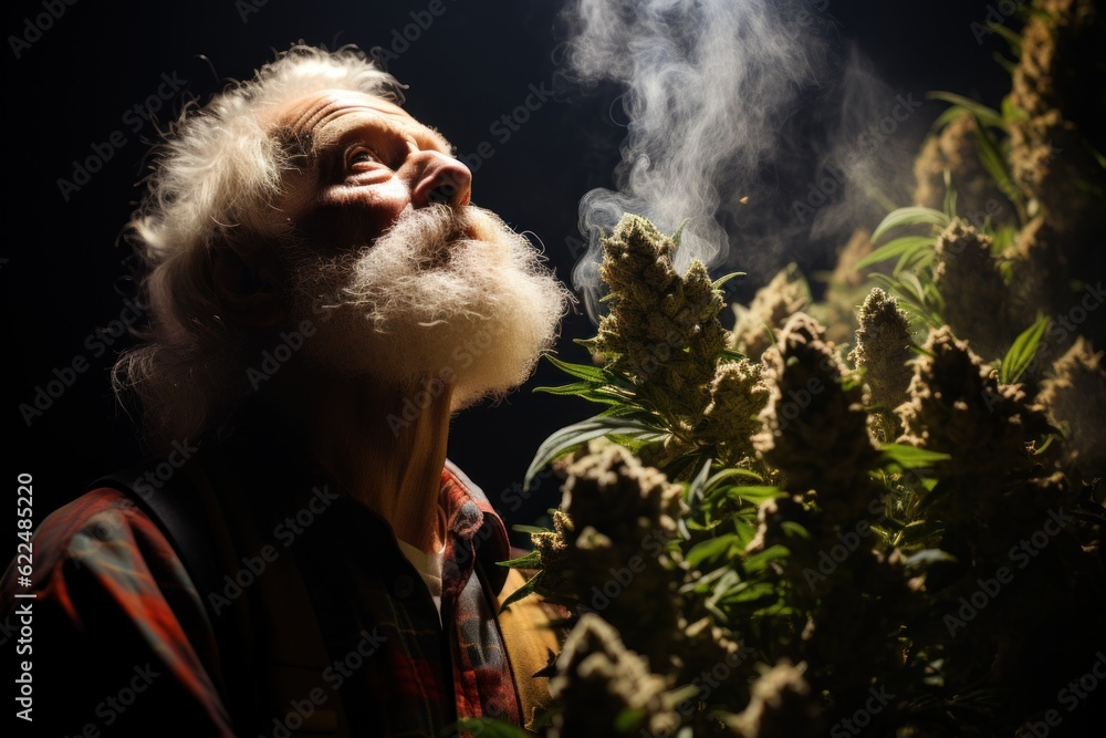 Poster a man with a beard and a beard standing next to a plant with smoke coming out of it. generative ai i