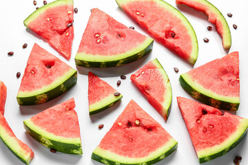 Pieces of fresh watermelon and seeds on white background