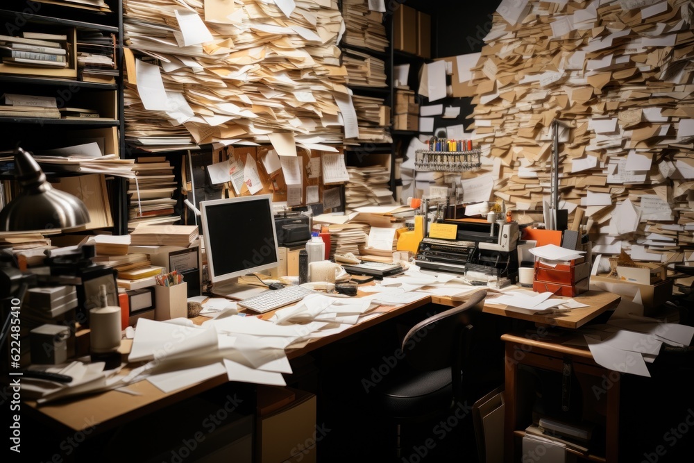 Poster a cluttered desk with a lot of papers on it. generative ai image.