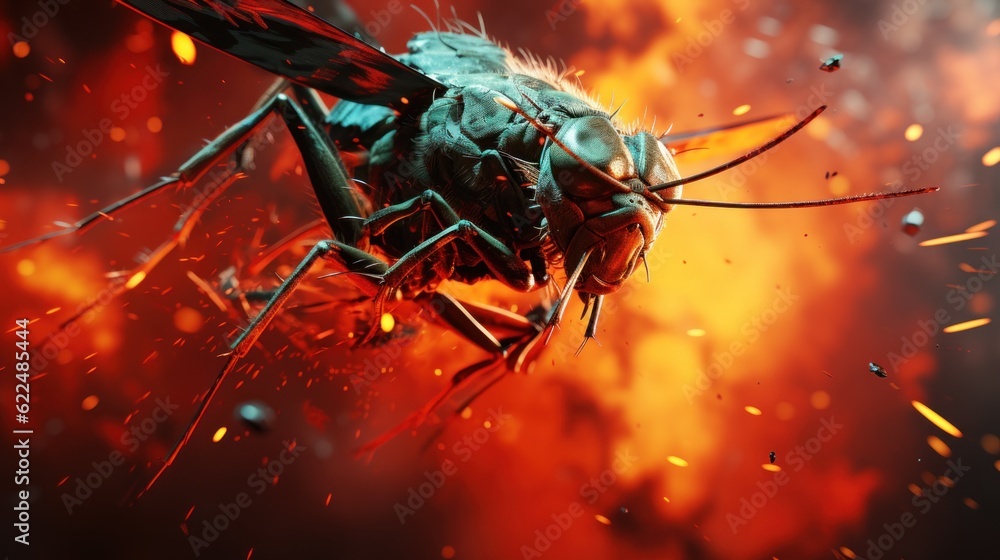 Poster a close up of a mosquito with fire in the background. generative ai image.