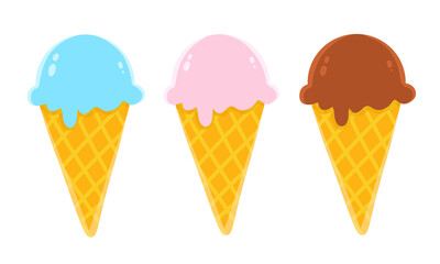 Chocolate, pink and blue ice cream cone cartoon style