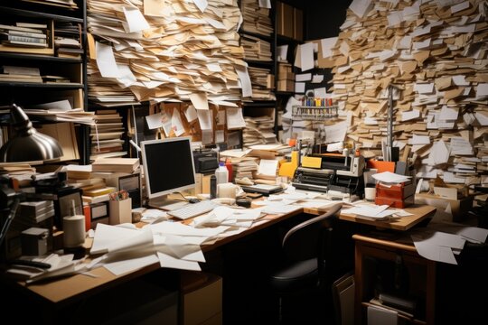 A cluttered desk with a lot of papers on it. Generative AI image.