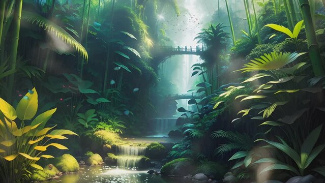 fantasy green forest with beautiful river. Cartoon or anime watercolor painting illustration style. seamless looping 4K time-lapse virtual video animation background.