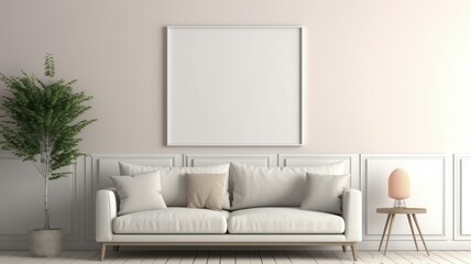 Fototapeta na wymiar Minimalistic Modern White Wooden Interior Mock-Up with Blank Frame. Generative AI illustration.