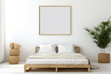 Fototapeta na wymiar Minimalistic Modern White Wooden Interior Mock-Up with Blank Frame. Generative AI illustration.