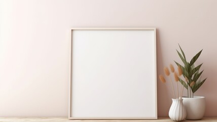 Minimalistic Modern White Wooden Interior Mock-Up with Blank Frame. Generative AI illustration.