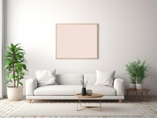 Minimalistic Modern White Wooden Interior Mock-Up with Blank Frame. Generative AI illustration.