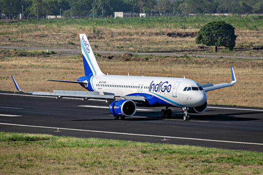 Nagpur, Maharashtra, India-June 12th, 2023: Indigo flight touches down on runway.
