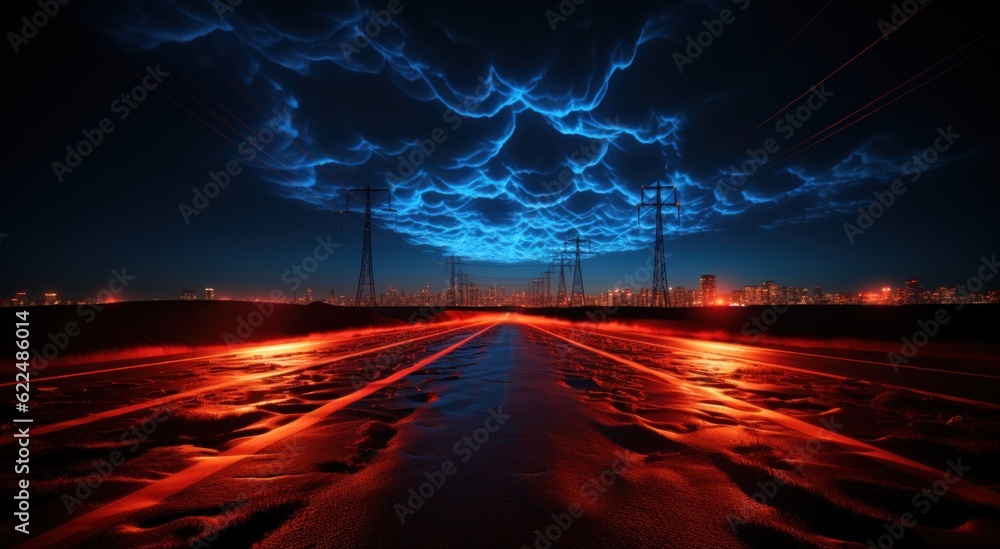 Poster a long road with power lines in the distance. generative ai image.
