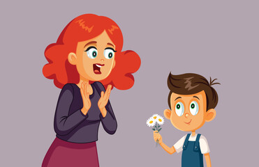Boy Giving a Flower to his Mother vector Cartoon Illustration. Cheerful son showing respect and gratitude towards his mom
