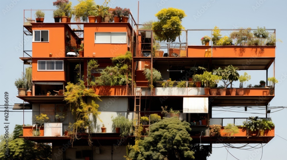 Poster a tall building with lots of plants on top of it. generative ai image.