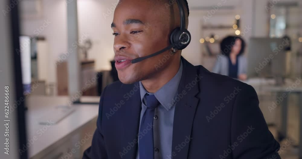 Aufkleber call center, computer or black man consulting on video call via headset in customer services help de