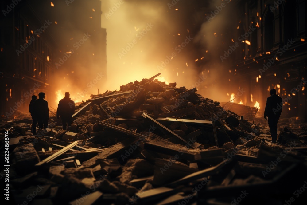 Poster a group of people standing in front of a pile of rubble. generative ai image.