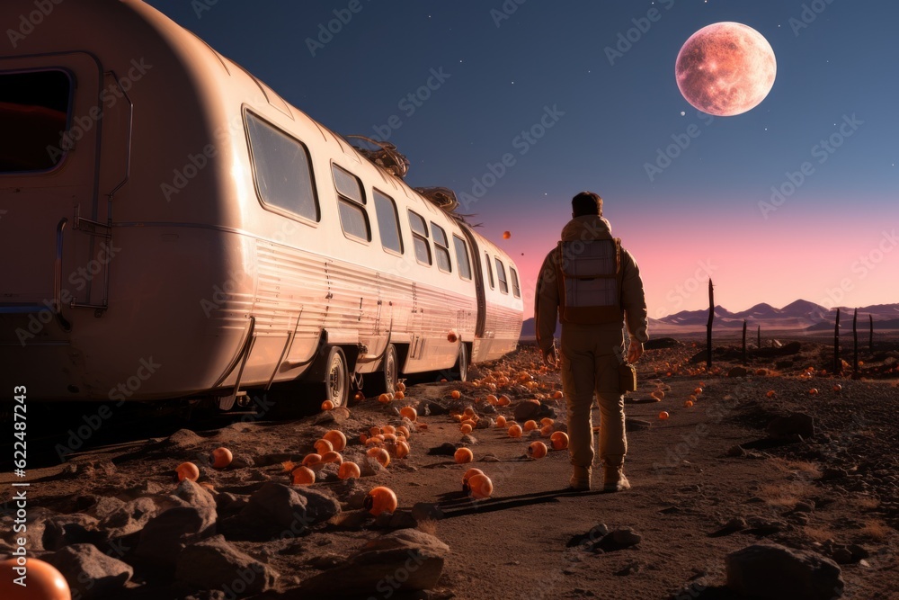 Poster a man standing in front of a train with pumpkins. generative ai image.