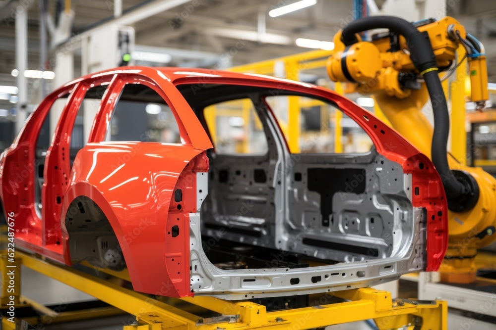 Poster a red car being assembled in a factory. generative ai image.